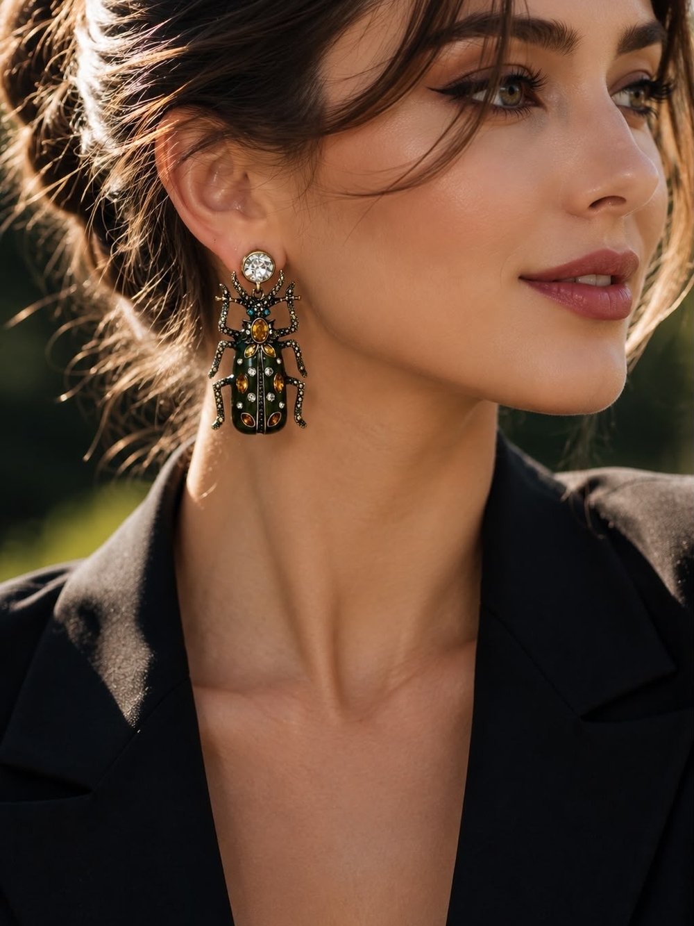 Gold and Green Beetle Drop Earrings - Designer Statement Jewelry - Picture 1 of 8